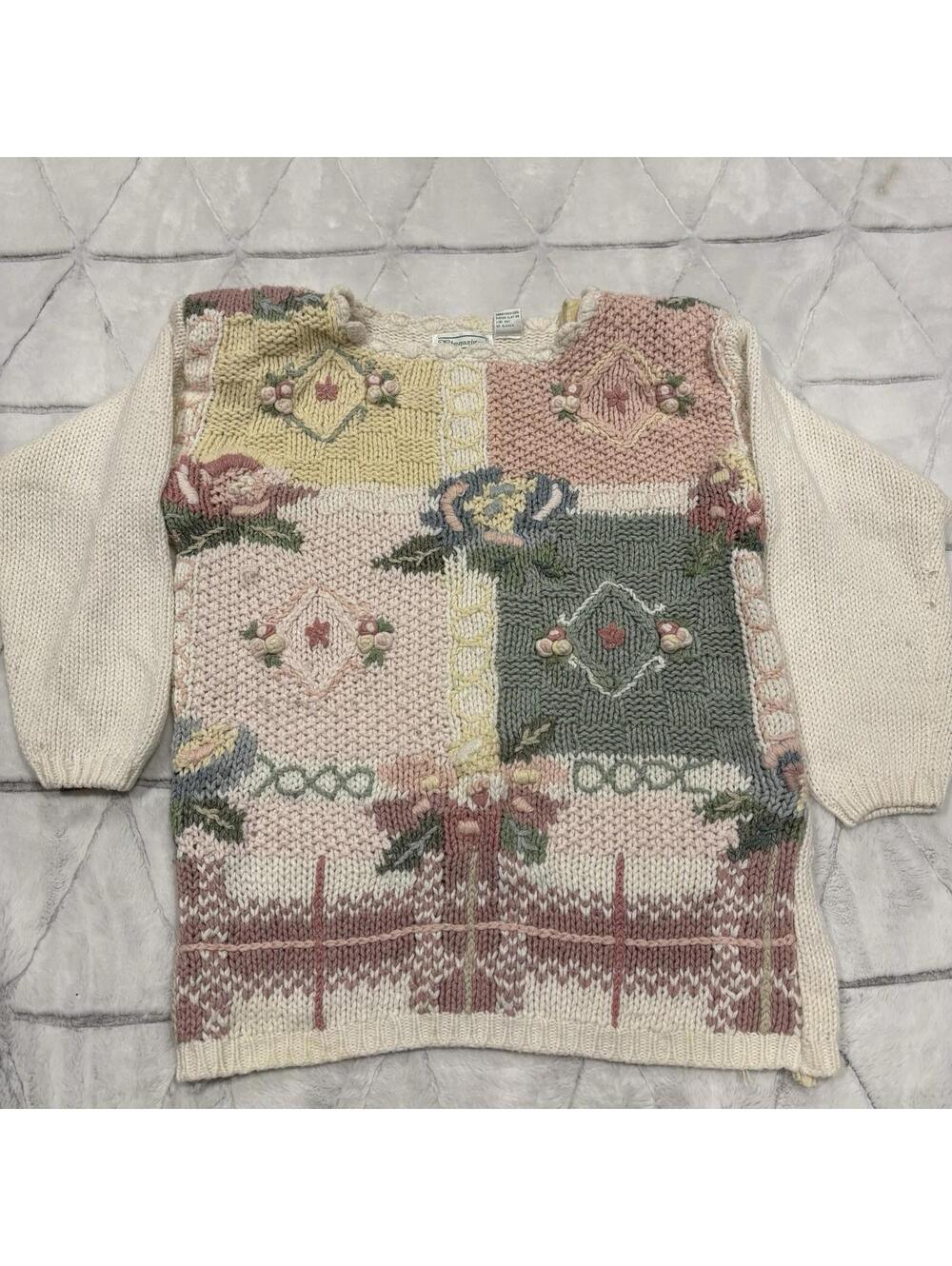 Shenanigans Granny HandKnit Floral Patchwork Women's Sweater Medium Wool Acrylic